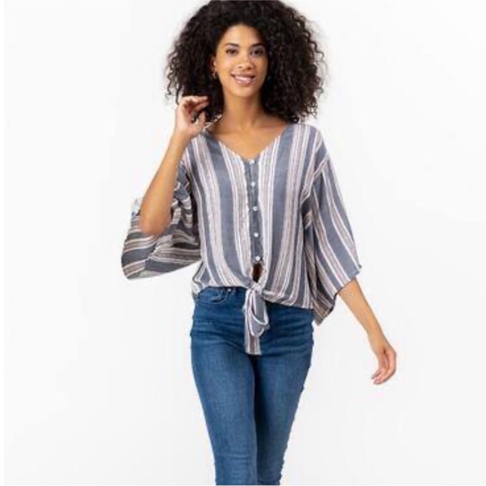 Francesca’s Blue Stripe Front Tie Top, Size S